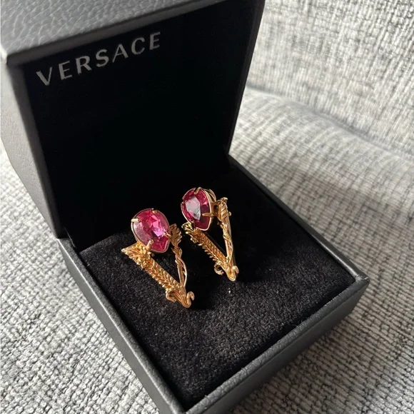 Versace Gold Earrings with Pink Accents - Picture 2 of 7